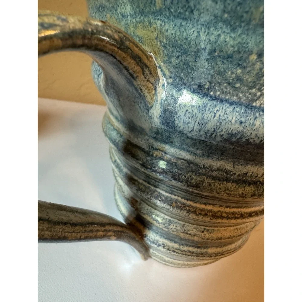 Signed Studio Art Pottery Pitcher Blue Green Earth Tone Glaze 2003 Jug